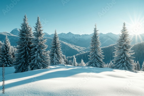 Serene Winter Landscape with Snow-Covered Trees and Mountains, Sunlight Shining Through Frosty Spruces photo