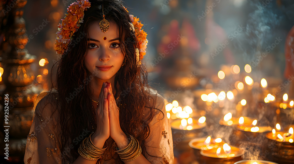 A woman in traditional cultural attire, kneeling in prayer at the altar of an ornate temple, her hands folded in reverence, surrounded by burning incense and the soft glow of candles illuminating her A woman in traditional cultural attire, kneeling in prayer at the altar of an ornate temple, her hands folded in reverence, surrounded by burning incense and the soft glow of candles illuminating her