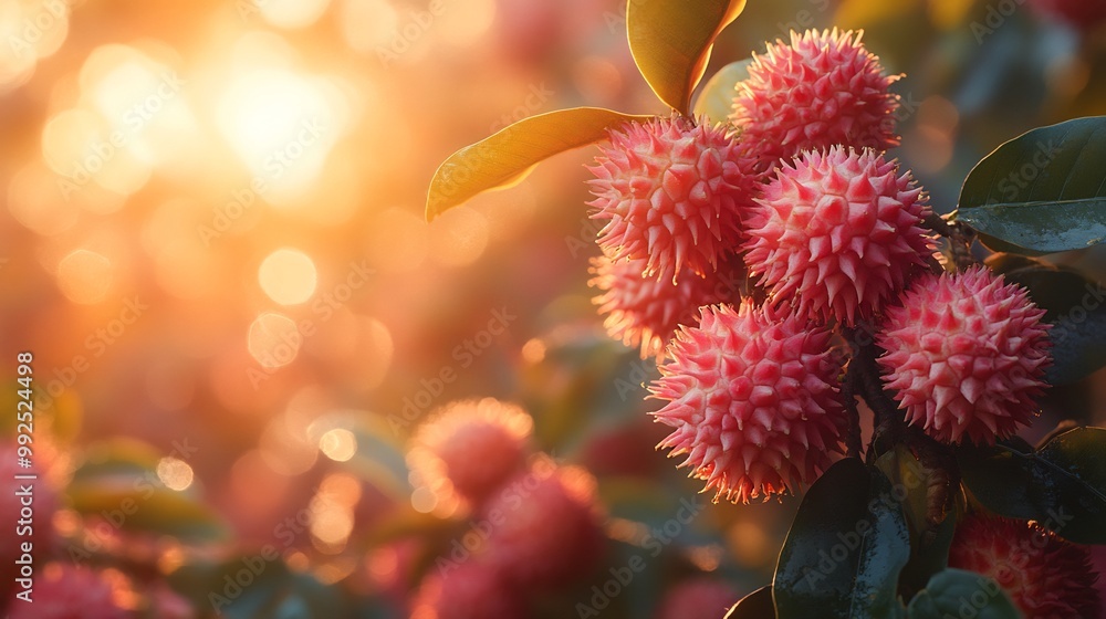 Closeup of rambutans being harvested dawn misty orchard the first light of day casting a golden hue over the scene symbolizing tradition and the start of a new day Scientific name Nephelium lappaceum Closeup of rambutans being harvested dawn misty orchard the first light of day casting a golden hue over the scene symbolizing tradition and the start of a new day Scientific name Nephelium lappaceum