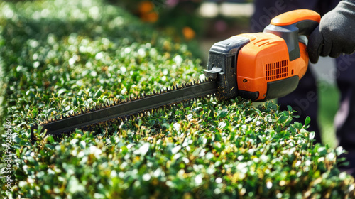 Trimming hedges with hedge trimmer showcases precision and care involved in garden maintenance. vibrant green foliage highlights beauty of well kept landscaping