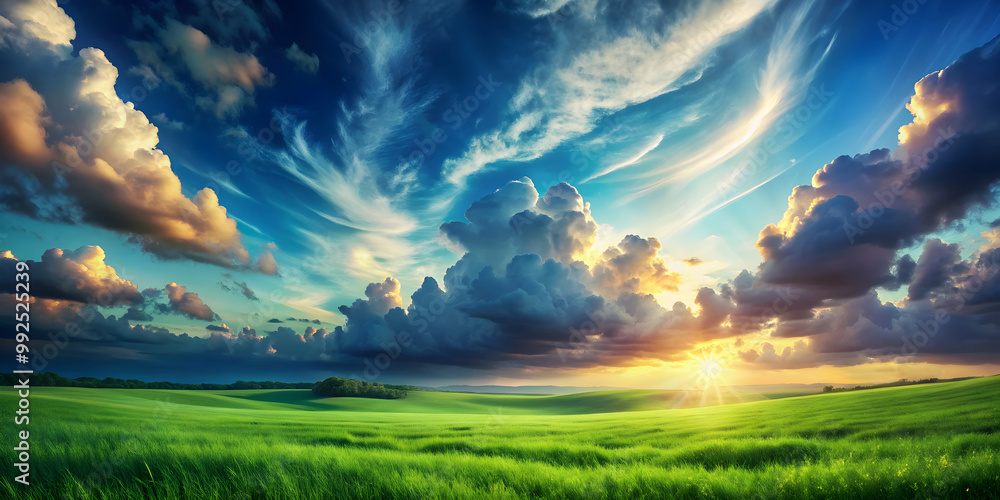 Fototapeta premium Anime style of a dramatic sky with clouds over a green meadow landscape, anime,dramatic, sky, clouds, landscape, green meadow
