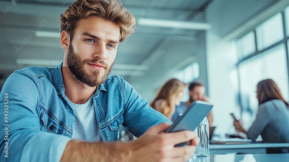 A professional man sitting at a conference table, glancing at his phone during a meeting, with colleagues engaged in discussion around him in a bright office space. A professional man sitting at a conference table, glancing at his phone during a meeting, with colleagues engaged in discussion around him in a bright office space.