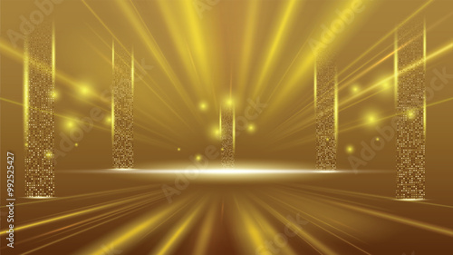 Gold background abstract geometric shapes luxury design lighting wallpaper.Realistic layer elegant futuristic glossy light.Cover layout template.
