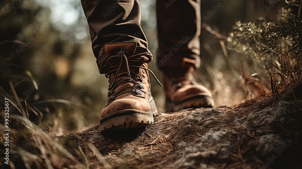 Closeup of Hiking Boots on Trail in Forest Closeup of Hiking Boots on Trail in Forest
