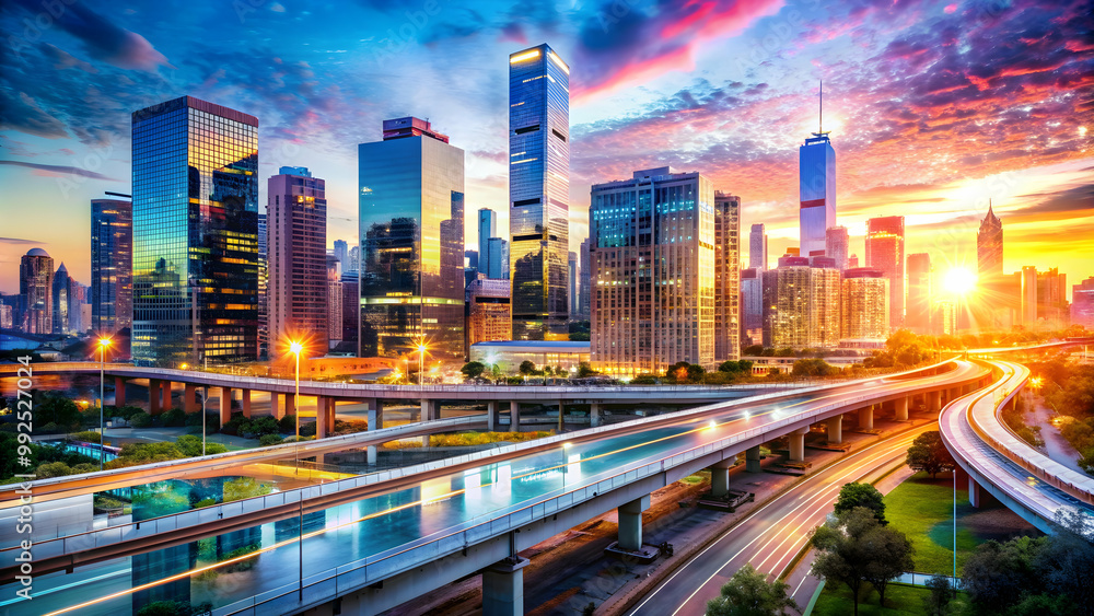 Double exposure panorama of a vibrant urban landscape with infrastructure buildings , cityscape, architecture, modern Double exposure panorama of a vibrant urban landscape with infrastructure buildings , cityscape, architecture, modern