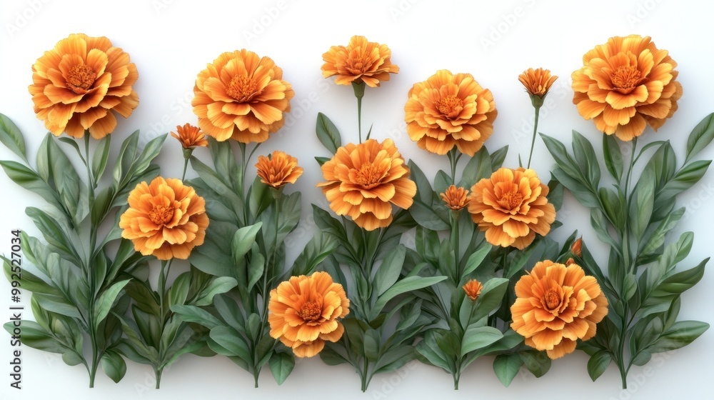 A decorative arrangement of vibrant orange flowers and leaves. A decorative arrangement of vibrant orange flowers and leaves.