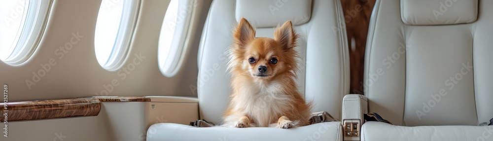 A charming Chihuahua sitting comfortably in a luxurious private jet seat, showcasing the elegance of pet travel. A charming Chihuahua sitting comfortably in a luxurious private jet seat, showcasing the elegance of pet travel.