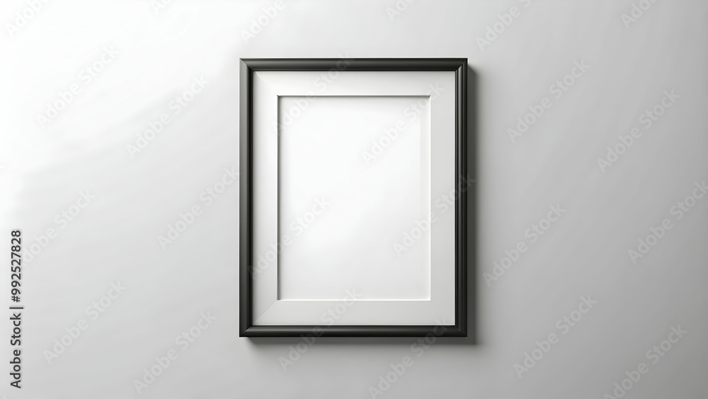 Black gallery frame mockup on white wall with realistic shadow, interior design, home decor Black gallery frame mockup on white wall with realistic shadow, interior design, home decor