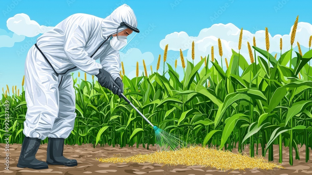 Worker Spraying Crops in Protective Gear Worker Spraying Crops in Protective Gear