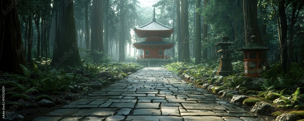 Serene Anime Style Forest Scene with Pagoda Serene Anime Style Forest Scene with Pagoda