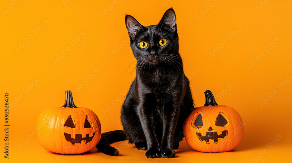 black cat sits between two carved jack o lanterns on vibrant orange background, creating festive Halloween atmosphere. cats striking yellow eyes add to playful yet spooky vibe black cat sits between two carved jack o lanterns on vibrant orange background, creating festive Halloween atmosphere. cats striking yellow eyes add to playful yet spooky vibe
