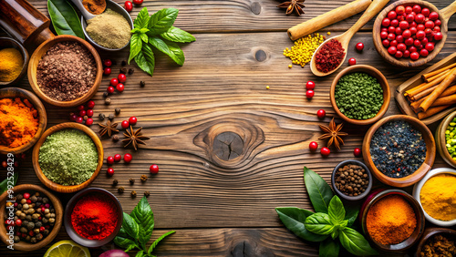 Colorful mix of spices on a wooden table with space for text, spices, seasoning, wooden table, top view, food photography