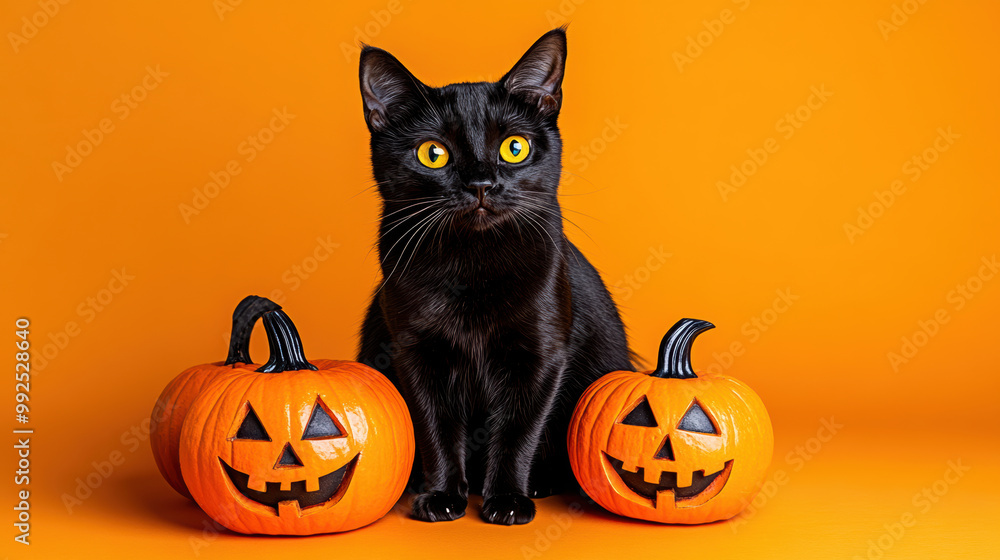 black cat sits between two carved jack o lanterns on vibrant orange background, creating festive Halloween atmosphere. cats bright yellow eyes add playful touch to scene black cat sits between two carved jack o lanterns on vibrant orange background, creating festive Halloween atmosphere. cats bright yellow eyes add playful touch to scene