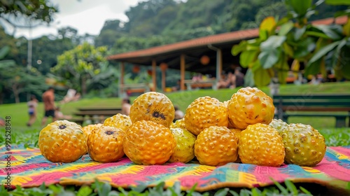 Closeup of santol fruit resting brightly colored picnic blanket bustling park family enjoying outdoors child playing softly blurred background reflecting vibrant social atmosphere Scientific name photo