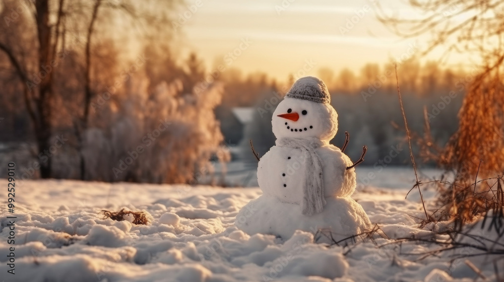 Fototapeta premium Winter Wonderland Snowman in Snow with Sunset Glow