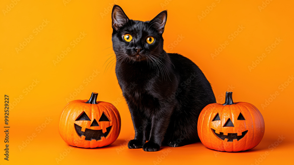 black cat sits between two carved jack o lanterns on vibrant orange background, creating festive Halloween atmosphere. cats striking yellow eyes add touch of charm to scene black cat sits between two carved jack o lanterns on vibrant orange background, creating festive Halloween atmosphere. cats striking yellow eyes add touch of charm to scene