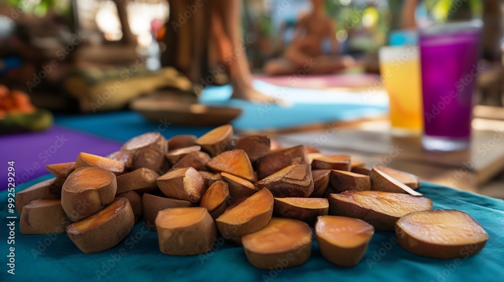 Closeup of santol fruit sliced arranged vibrant terrace brunch table colorful detox drinks yoga gear softly blurred behind promoting balanced active morning routine Scientific name Sandoricum koetjape Closeup of santol fruit sliced arranged vibrant terrace brunch table colorful detox drinks yoga gear softly blurred behind promoting balanced active morning routine Scientific name Sandoricum koetjape