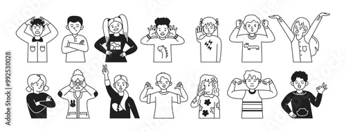 Teenagers show emotions using hand gestures linear icons collection. Emotional children express various feelings characters set on white