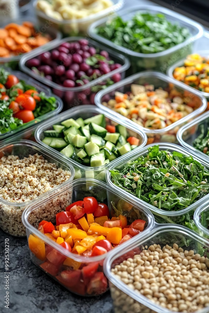 A Healthy Meal Prep Setup With Ingredients For Salads, Grain Bowls, And Wraps. The Ingredients Are Neatly Organized In Separate Containers A Healthy Meal Prep Setup With Ingredients For Salads, Grain Bowls, And Wraps. The Ingredients Are Neatly Organized In Separate Containers