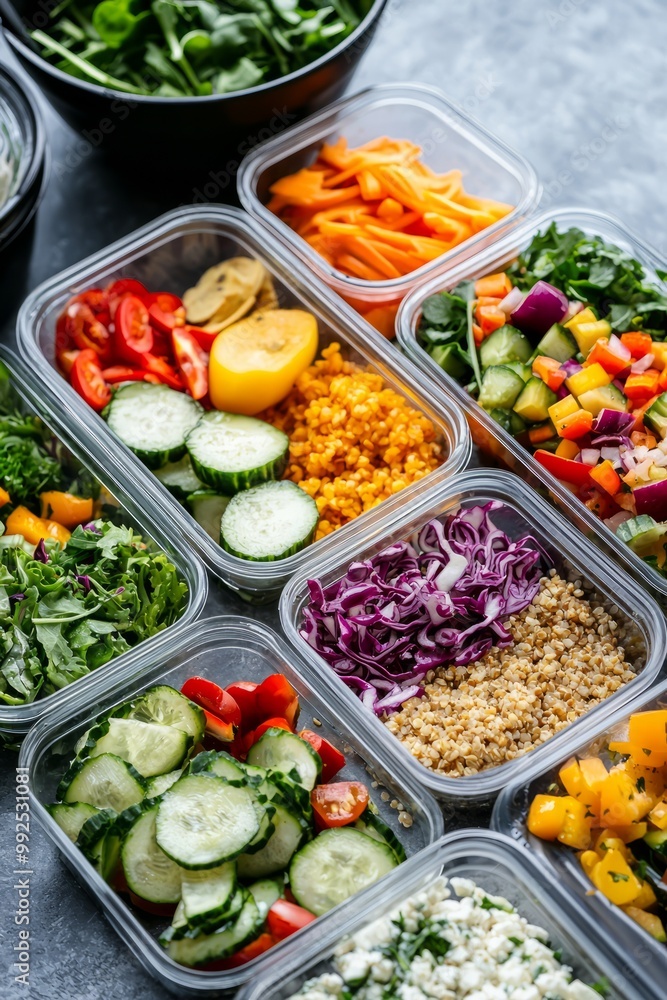 A Healthy Meal Prep Setup With Ingredients For Salads, Grain Bowls, And Wraps. The Ingredients Are Neatly Organized In Separate Containers A Healthy Meal Prep Setup With Ingredients For Salads, Grain Bowls, And Wraps. The Ingredients Are Neatly Organized In Separate Containers