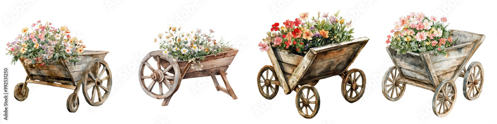 Rustic Flower Filled Antique Wooden Carriage Wagon Used as Decorative Floral Display in Outdoor Garden Setting Rustic Flower Filled Antique Wooden Carriage Wagon Used as Decorative Floral Display in Outdoor Garden Setting