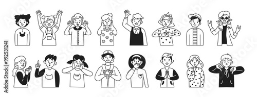 Children expressing various emotions linear icons collection. Teenagers use gestures and facial expressions showing feelings characters set