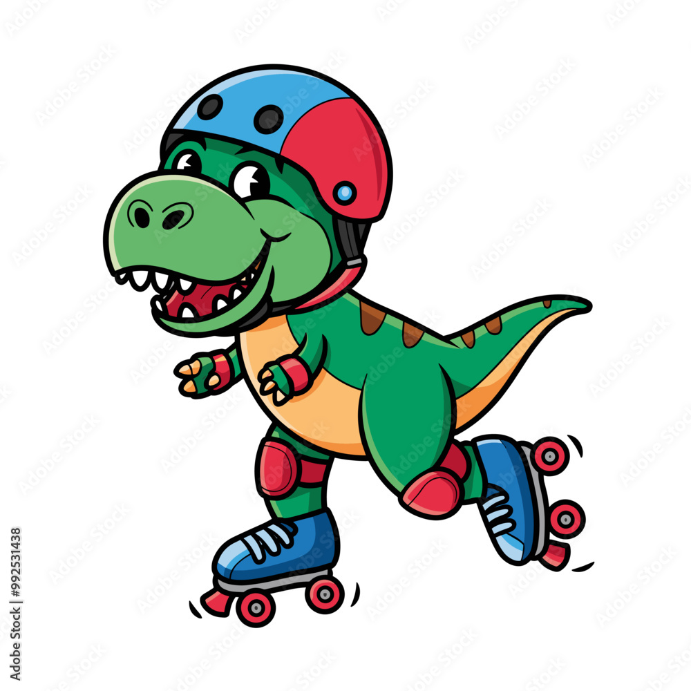 Cartoon T-rex Playing Roller Blade with Helmet Illustration Cartoon T-rex Playing Roller Blade with Helmet Illustration