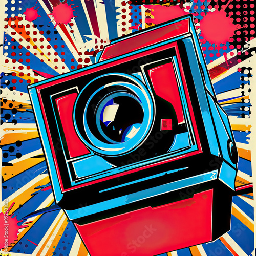 A vibrant depiction of a Polaroid camera in neon blue and red, with an exaggerated lens and comic-style bursts.