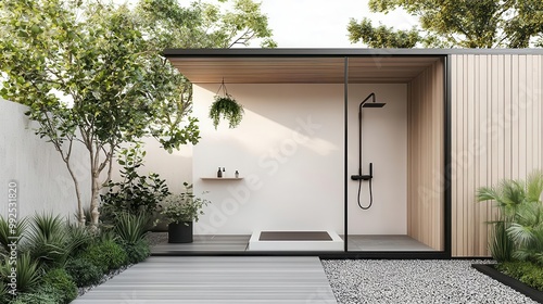 Single container home with a small outdoor shower and minimalist landscaping, outdoor shower, natural luxury