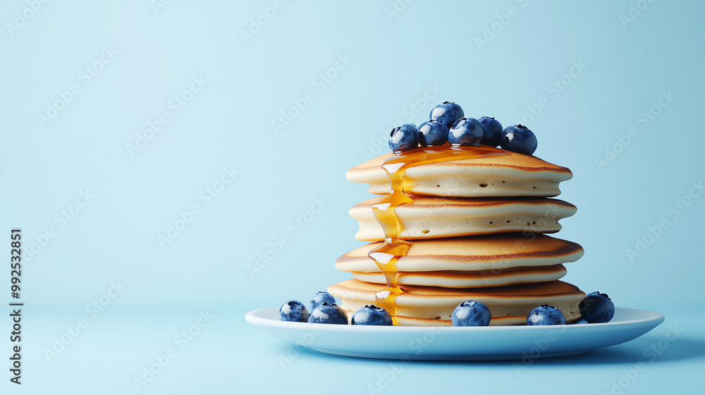 Delicious stack of fluffy pancakes topped with fresh blueberries and drizzled with golden syrup, set against a soft blue background, perfect for breakfast visuals. Delicious stack of fluffy pancakes topped with fresh blueberries and drizzled with golden syrup, set against a soft blue background, perfect for breakfast visuals.