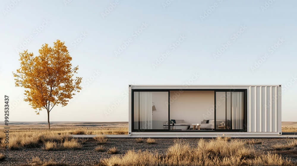 Obraz premium Single container house with minimal landscaping, painted in soft earth tones, earth tones, harmony with nature