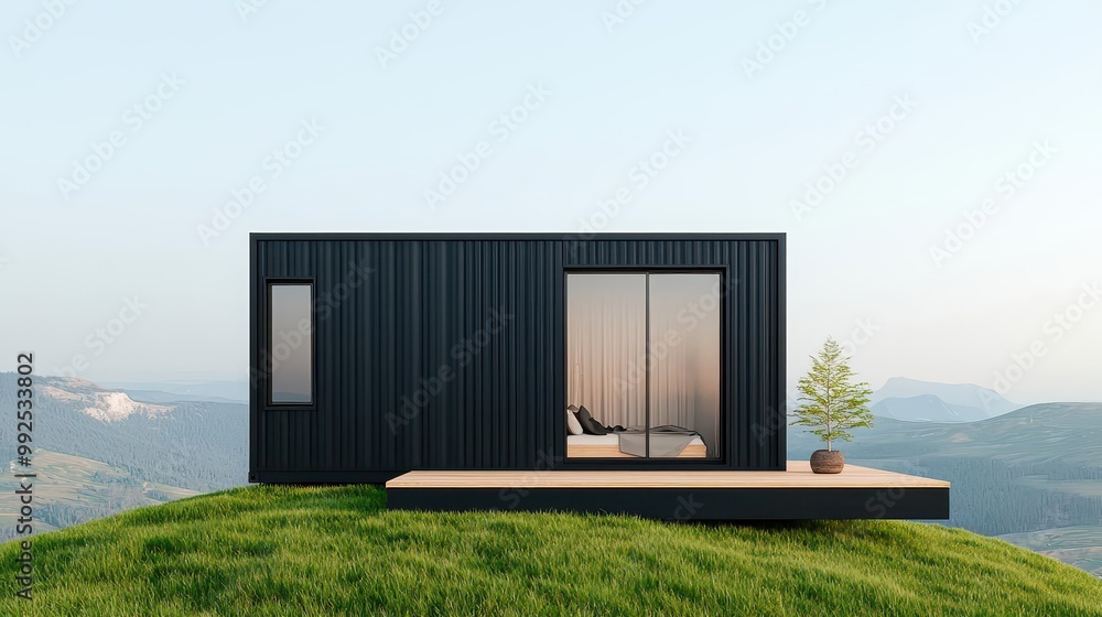 Single container home with sleek black exterior and a small wooden deck, placed on a grassy hill, minimal design, compact living Single container home with sleek black exterior and a small wooden deck, placed on a grassy hill, minimal design, compact living