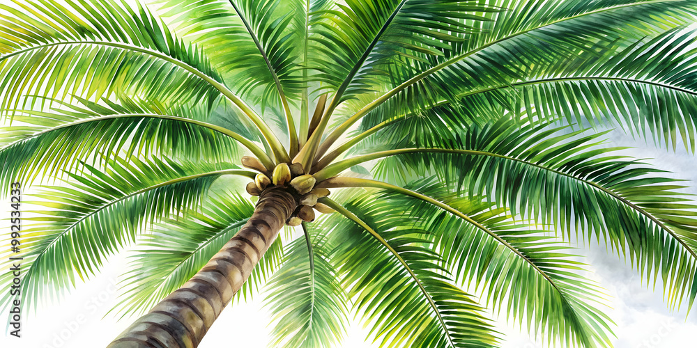 Obraz premium Detailed watercolor painting of a palm tree from below with long, lush green fronds against a light background, palm tree