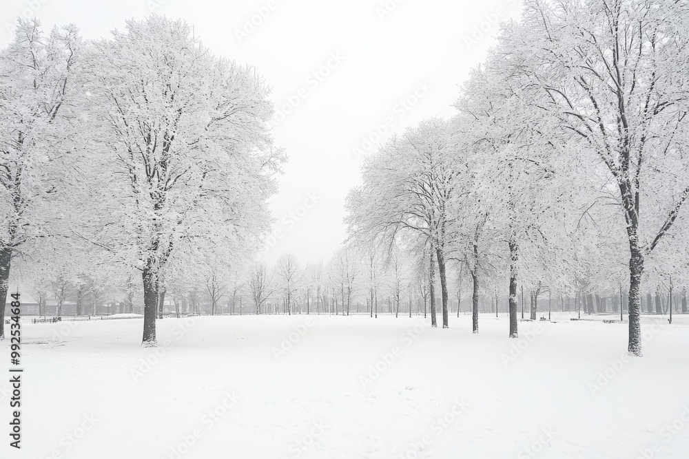 Obraz premium Snow-Covered Park with Trees Against White Sky, Hyper-Realistic Wide Shot