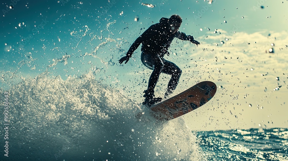 Fototapeta premium Wakeboarder Mid-Air Above Splashing Waves