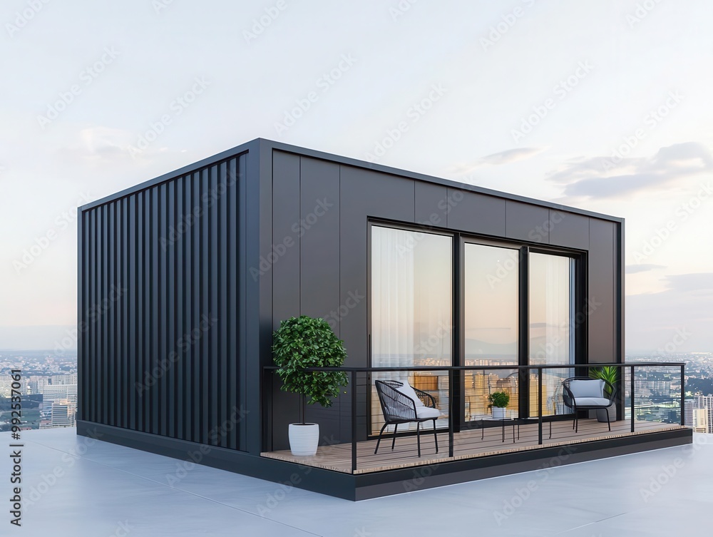 Container house with a small balcony and minimalist outdoor furniture, overlooking a cityscape, city view, urban minimalism Container house with a small balcony and minimalist outdoor furniture, overlooking a cityscape, city view, urban minimalism