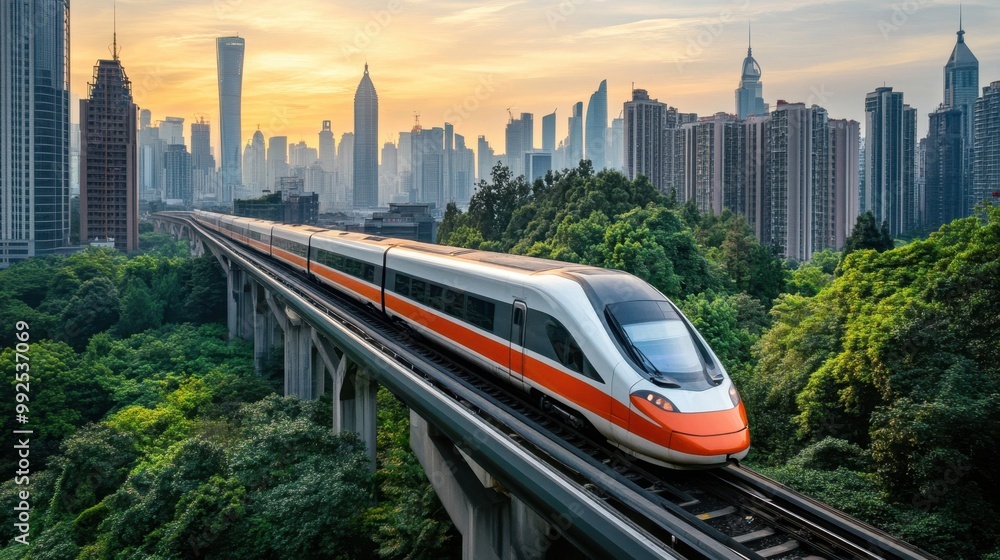 Fototapeta premium High-Speed Train Passing Through Cityscape Landscape