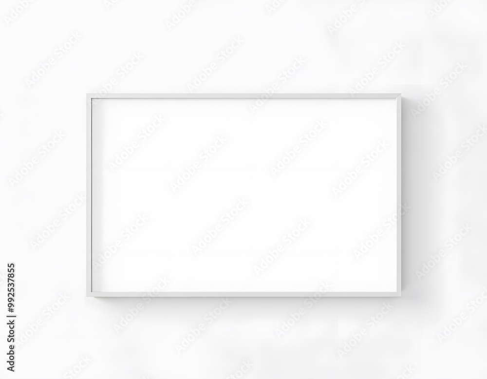 Horizontal blank picture frame with white thin border hanging on white wall Horizontal blank picture frame with white thin border hanging on white wall