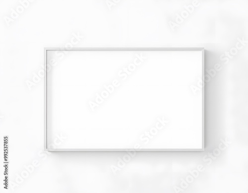 Horizontal blank picture frame with white thin border hanging on white wall