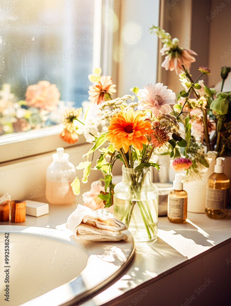 Country cozy bathroom with flower