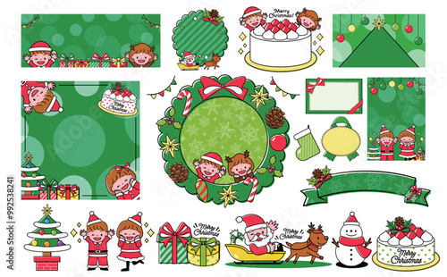 子どもと飾りが沢山の緑色のかわいいクリスマスフレームとイラストセット_クリスマスケーキ・クリスマスリース・クリスマスツリー等