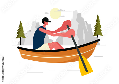 People Enjoying Rowing Vector Illustration with Canoes and Sailing on a River or Lake in Active Water Sports in a Flat Style Cartoon Background