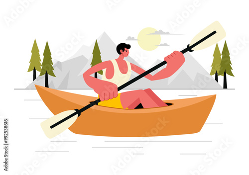 People Enjoying Rowing Vector Illustration with Canoes and Sailing on a River or Lake in Active Water Sports in a Flat Style Cartoon Background
