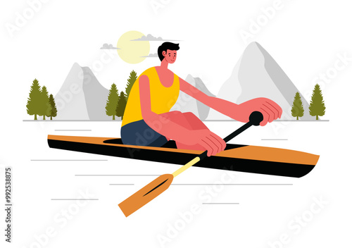 People Enjoying Rowing Vector Illustration with Canoes and Sailing on a River or Lake in Active Water Sports in a Flat Style Cartoon Background