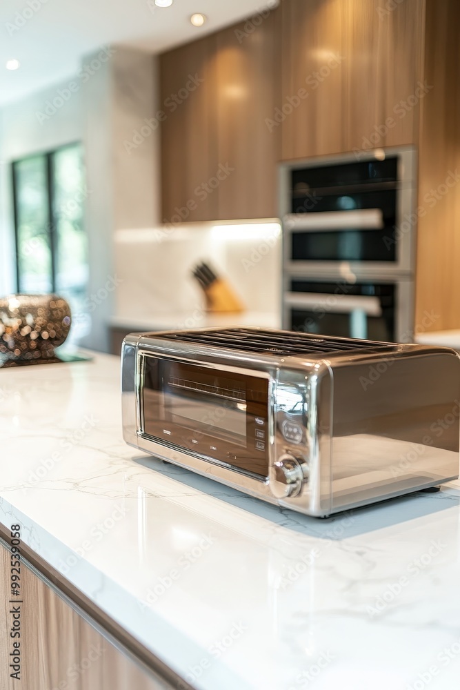 Modern Stainless Steel Toaster on Marble Kitchen Countertop in Contemporary Home Modern Stainless Steel Toaster on Marble Kitchen Countertop in Contemporary Home