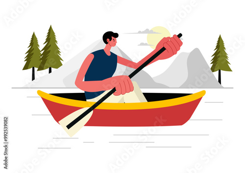 People Enjoying Rowing Vector Illustration with Canoes and Sailing on a River or Lake in Active Water Sports in a Flat Style Cartoon Background