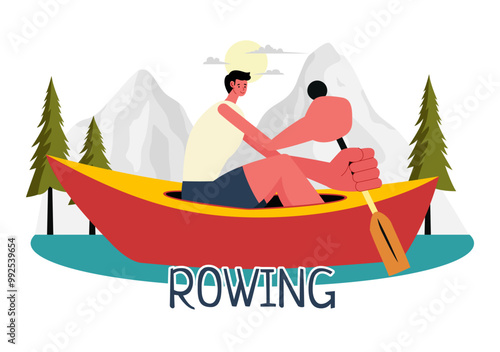 People Enjoying Rowing Vector Illustration with Canoes and Sailing on a River or Lake in Active Water Sports in a Flat Style Cartoon Background