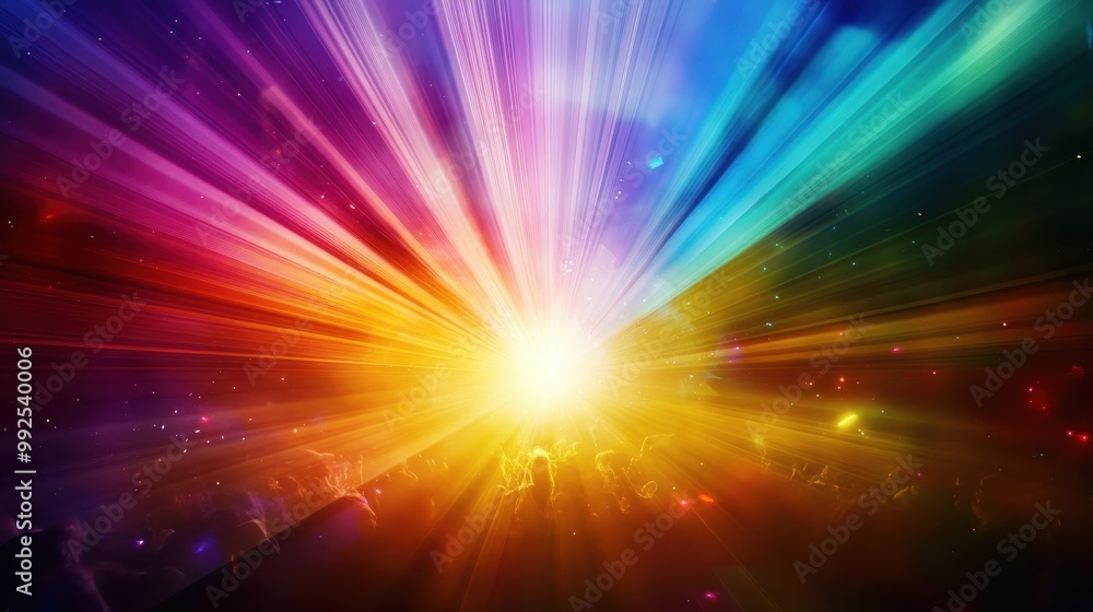 Vibrant Multicolored Light Burst with Radiant Beams and Silhouetted Crowd at a Concert or Festival Vibrant Multicolored Light Burst with Radiant Beams and Silhouetted Crowd at a Concert or Festival