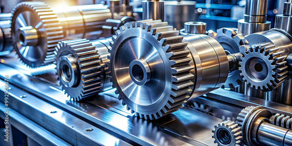 Fototapeta premium Close-up view of intricate metal gears and machinery in a manufacturing plant, precision, engineering