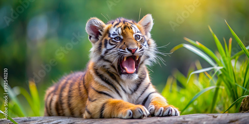 Yawning cute tiger cub alone in the wild , tiger, cub, cute, adorable, feline, nature, wildlife, animal, predator, young